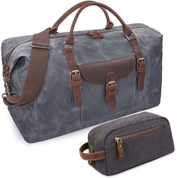 Other - Genuine Leather Canvas Travel Duffel & Toiletry Bag Waterproof Carry On GRAY NEW